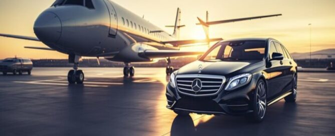 A luxury black limousine parked at a Chicago airport terminal, providing reliable private airport transfer service to O'Hare and Midway.