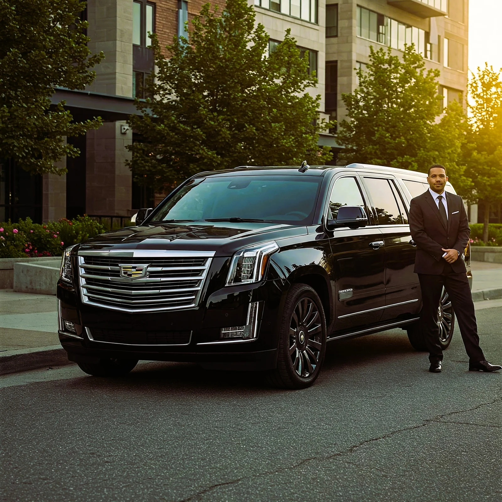 A sleek, luxury black car driving through downtown Chicago, representing premium private transportation.
