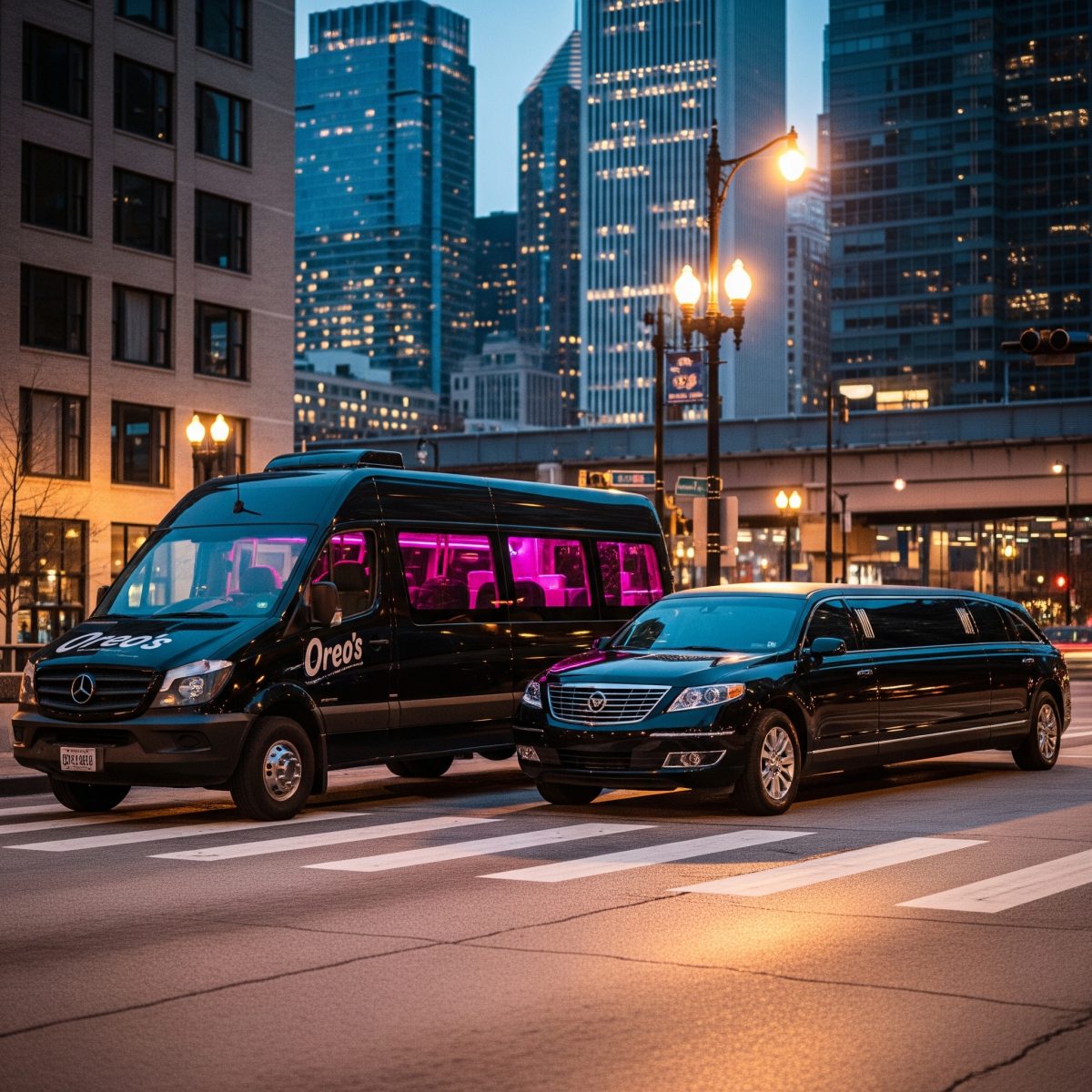 A sleek, luxury black car driving through downtown Chicago, representing premium private transportation