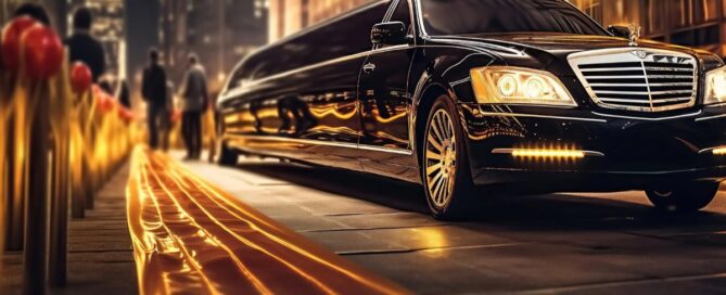 A stylish group of people stepping out of a stretched limousine arriving at a special event and gala in Chicago.